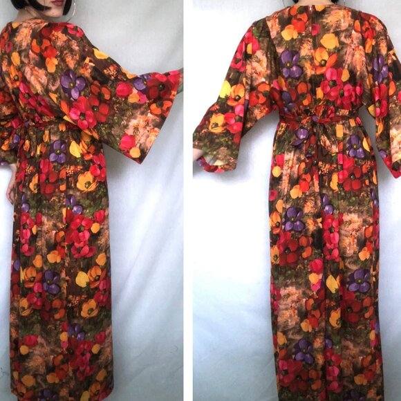 Gorgeous Vintage 1970's Autumnal Floral Print Kimono Sleeve Bohemian Maxi Dress - Picture 2 of 8